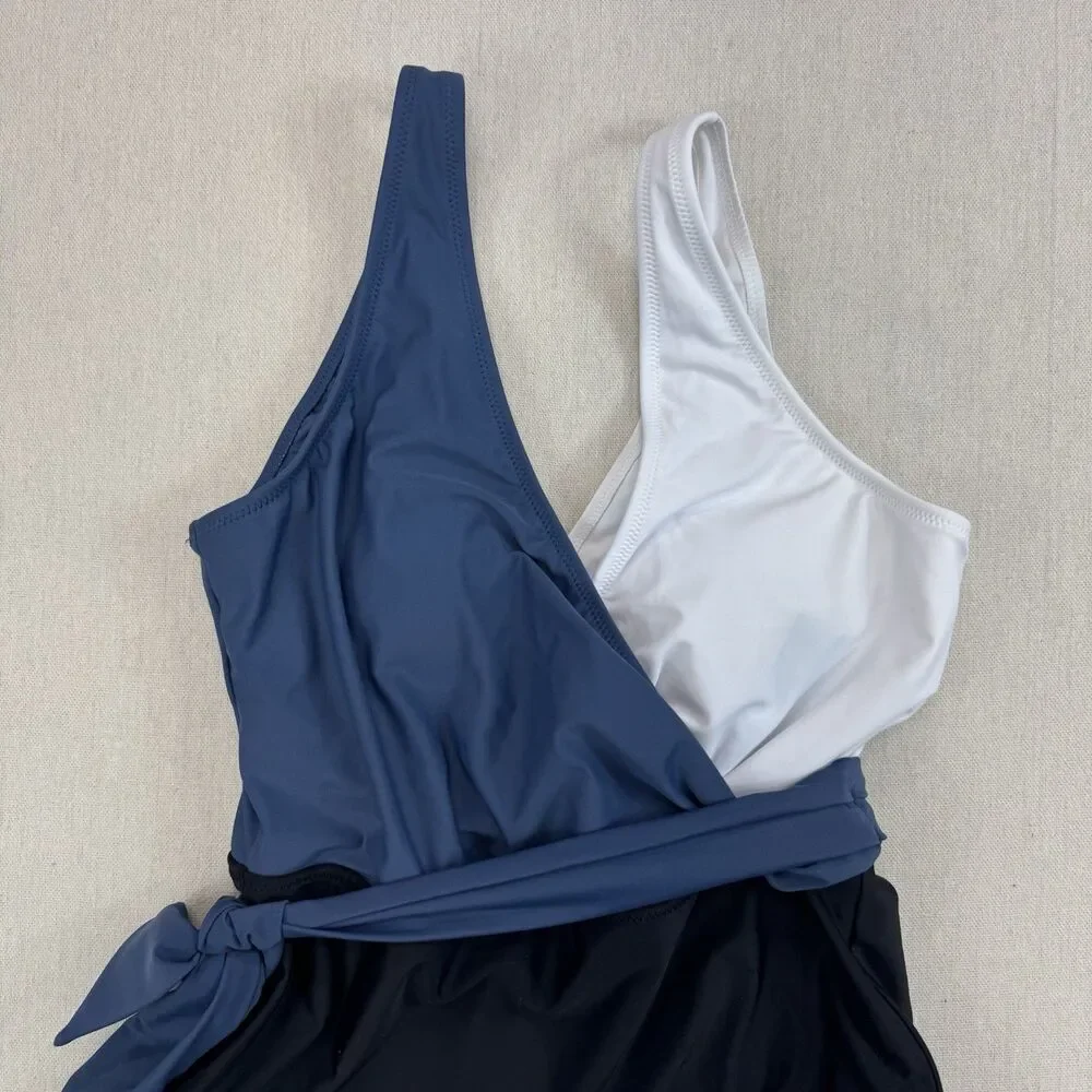 CUPSHE One Piece Swimsuit M Blue White Black Colorblock Wrap Tie NWT Medium
